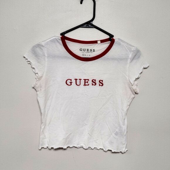 GUESS Womens Small White Red Ringer Baby Tee Logo Y2K Crop - Picture 2 of 7